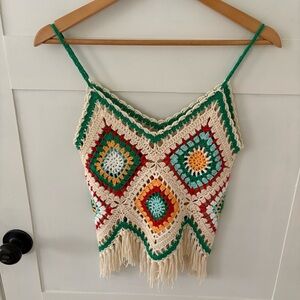Elan Boho Crochet Granny Square Fringe Top. Size Small.